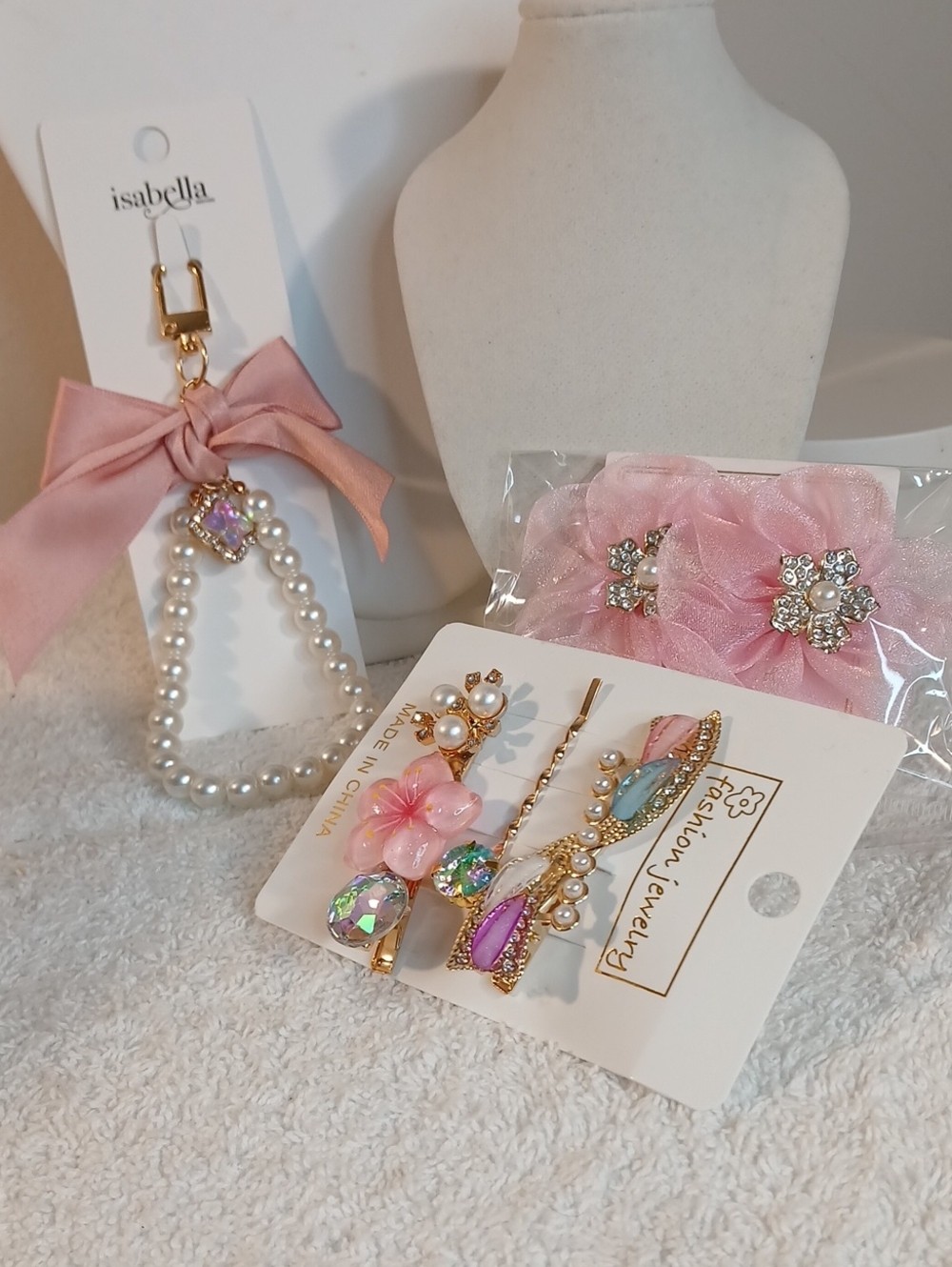 Pink Pearl Bow Keychain/Bag Charm, Pink Floral Hair Clip Set & Floral Earrings